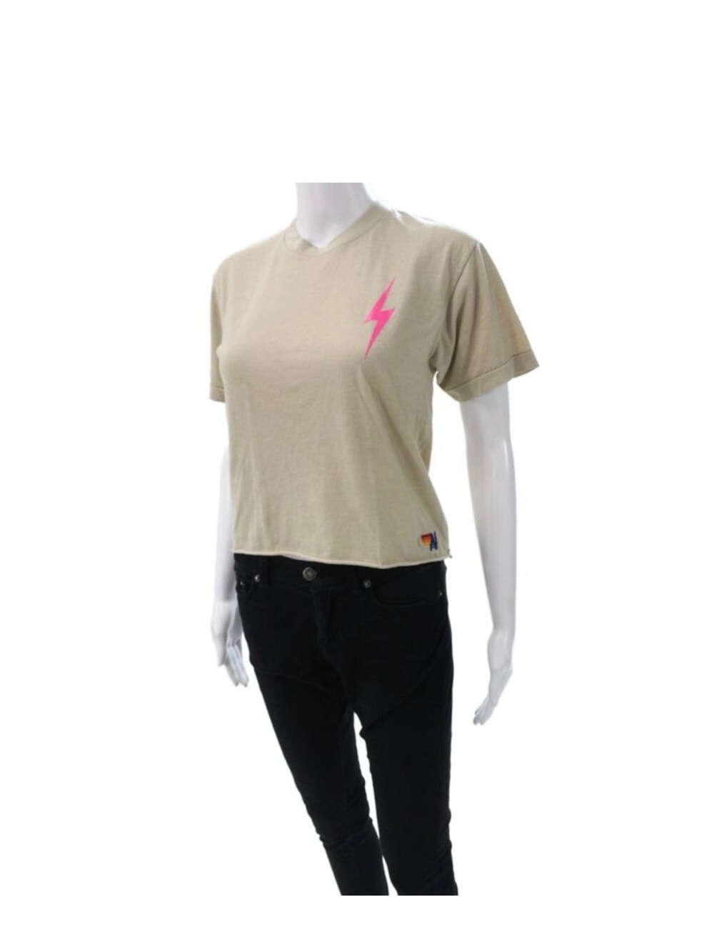 Aviator Nation Women Cropped T-Shirt Beige Short Sleeve Lightning Bolt Size S